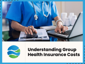 A doctor working at their desk, with the words "Understanding Group Health Insurance Costs," underneath.