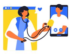 Illustration of a doctor performing a virtual health consultation.