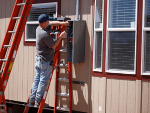 Electrician standing on a ladder outside a building, working on an electrical panel