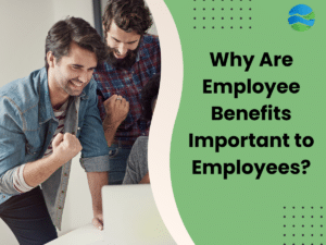 A group of excited employees celebrating a success while gathered around a laptop, with the text 'Why Are Employee Benefits Important to Employees?