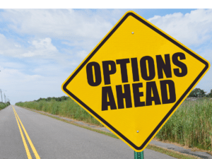 traffic sign reading "options ahead"