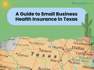 Map of Texas with a cactus and sunshine, titled 'A Guide to Small Business Health Insurance in Texas,' symbolizing regional focus on insurance options for small businesses.